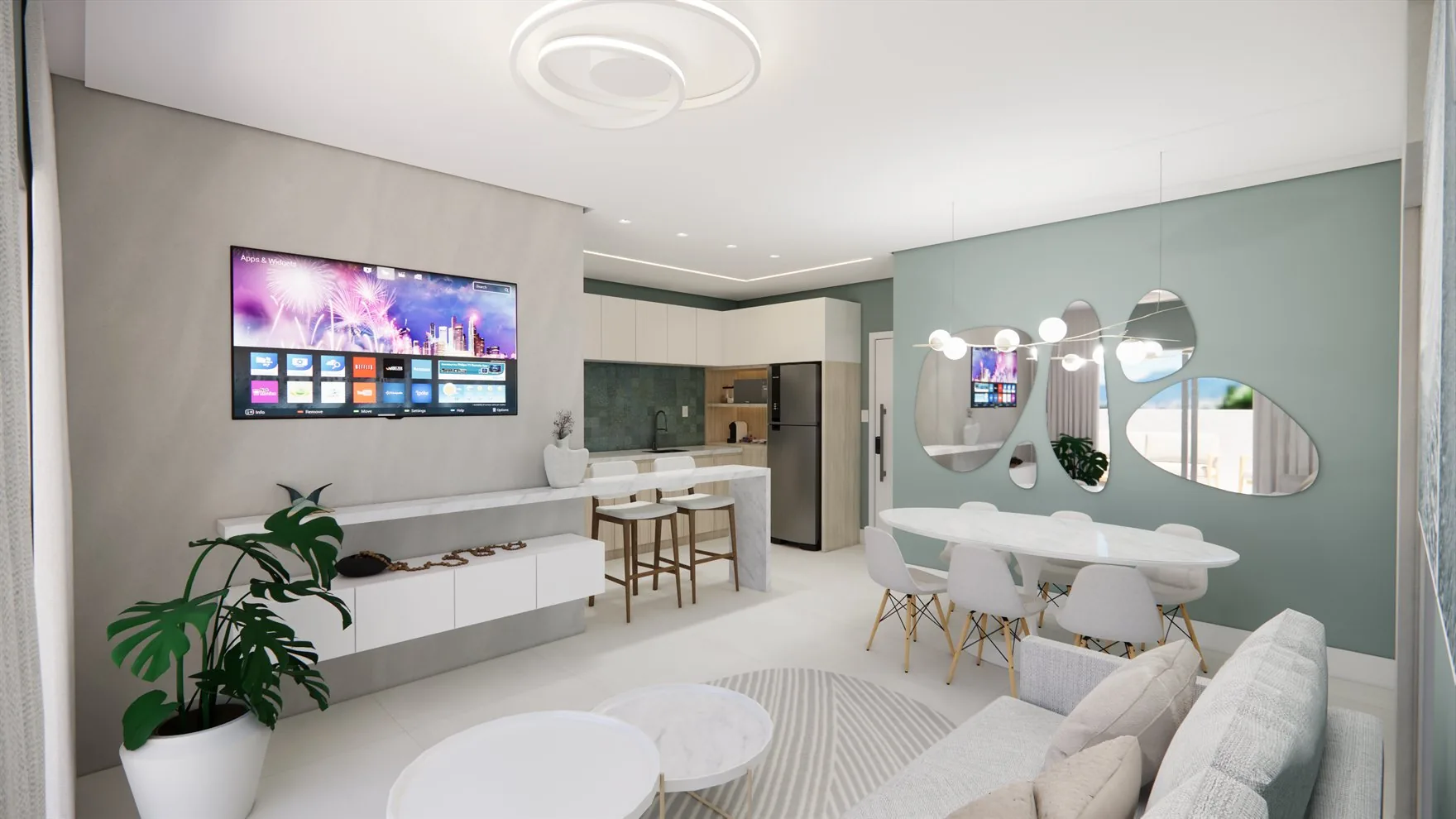 Sala de estar integrada à cozinha em apartamento do Maranello Residence
