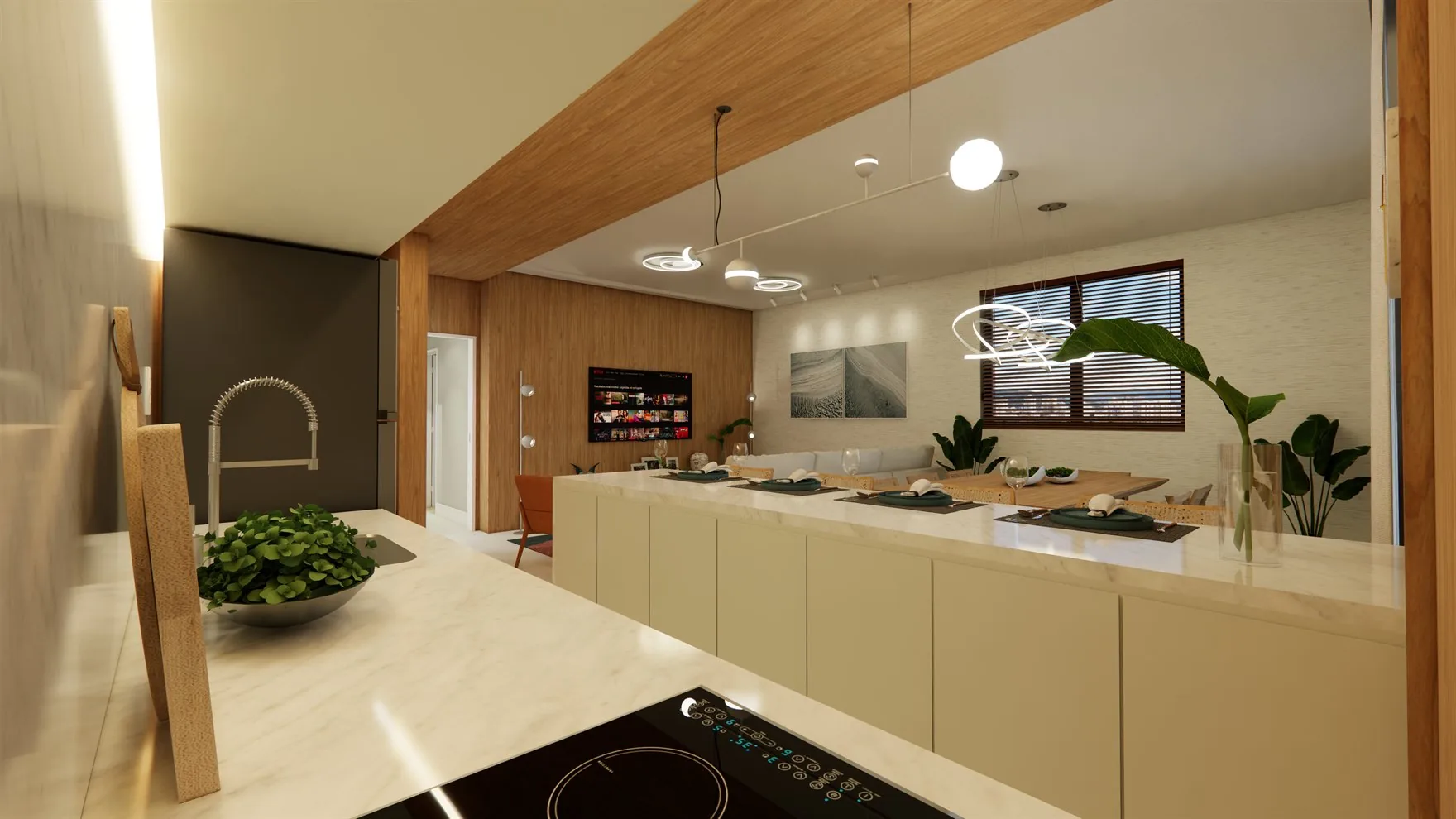 Cozinha integrada com ilha e sala de jantar no Maranello Residence