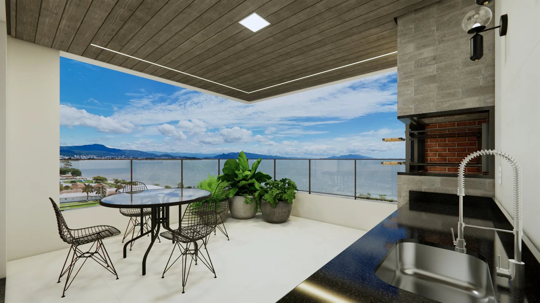 Sacada gourmet com vista para o mar e churrasqueira no Maranello Residence