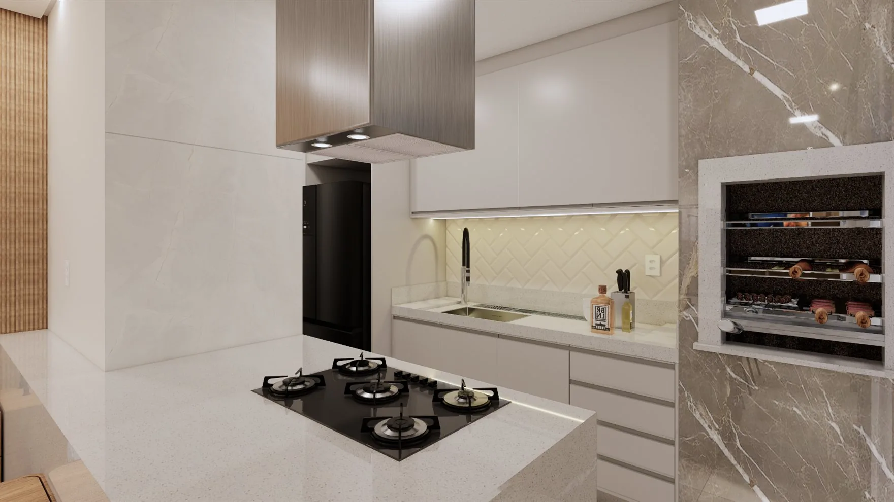Cozinha da cobertura com espaço gourmet no Maranello Residence