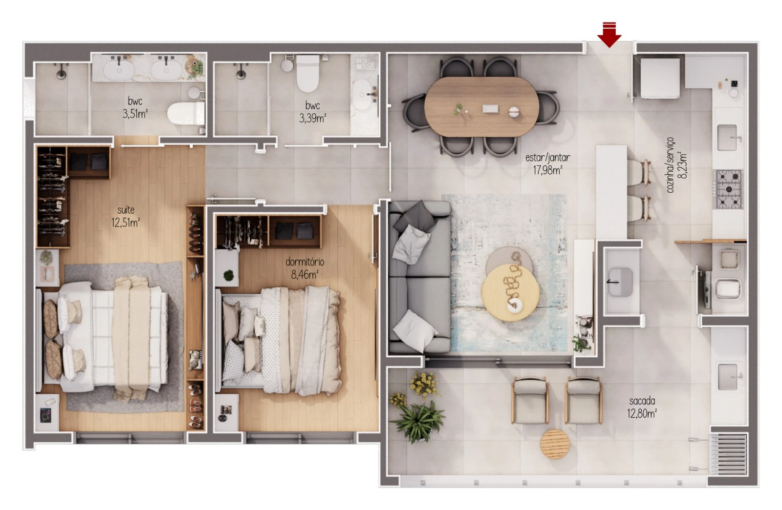 Planta de apartamento com 2 dormitórios no Maranello Residence