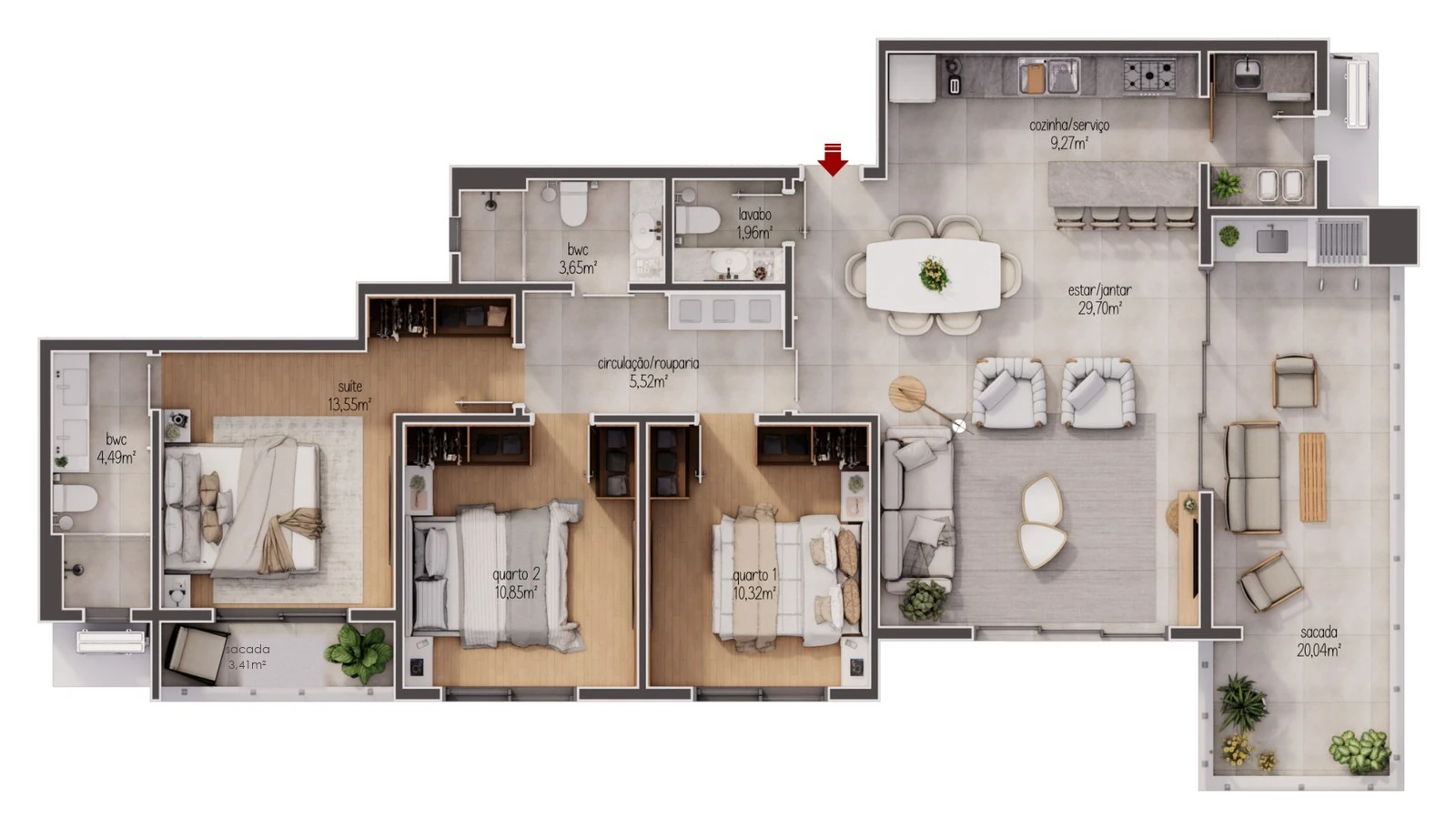 Planta de apartamento com 3 dormitórios no Maranello Residence